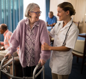 older woman with walker next to nurse in a nursing home