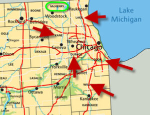 map of northern illinois with arrows pointing to dangerous accident counties