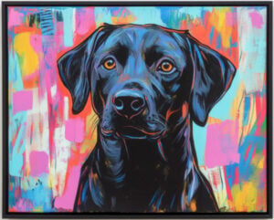 a black labrador retriever dog in a painting with a colorful background